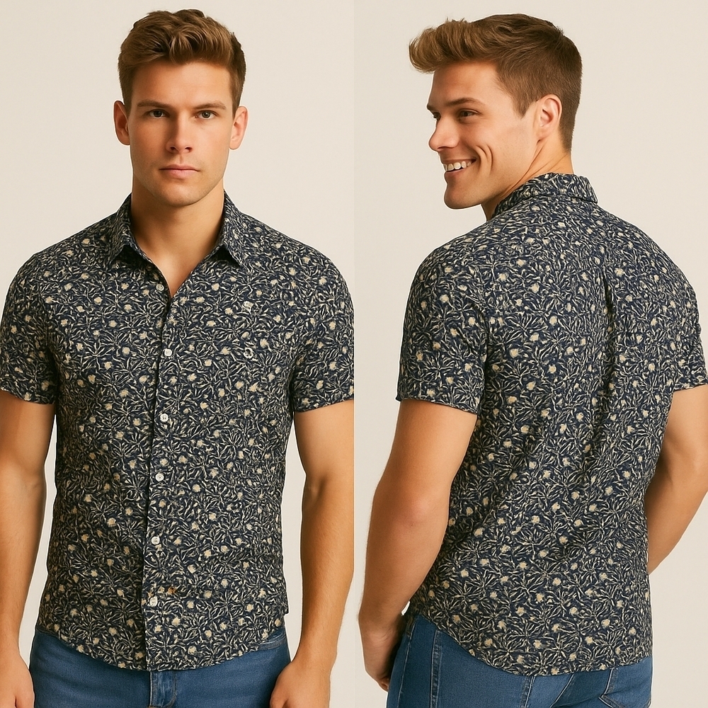 Topman Mens Large Navy Floral Button Shirt Muscle Fit Short Sleeve Modern Casual